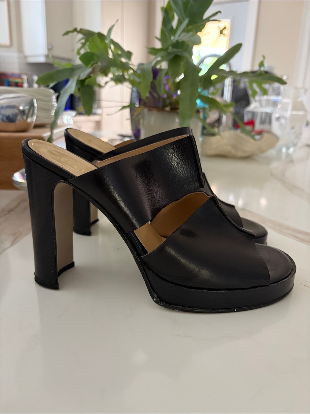 Simard Black Leather 4” High Heel .75”Platform Mule Sandals made in Italy